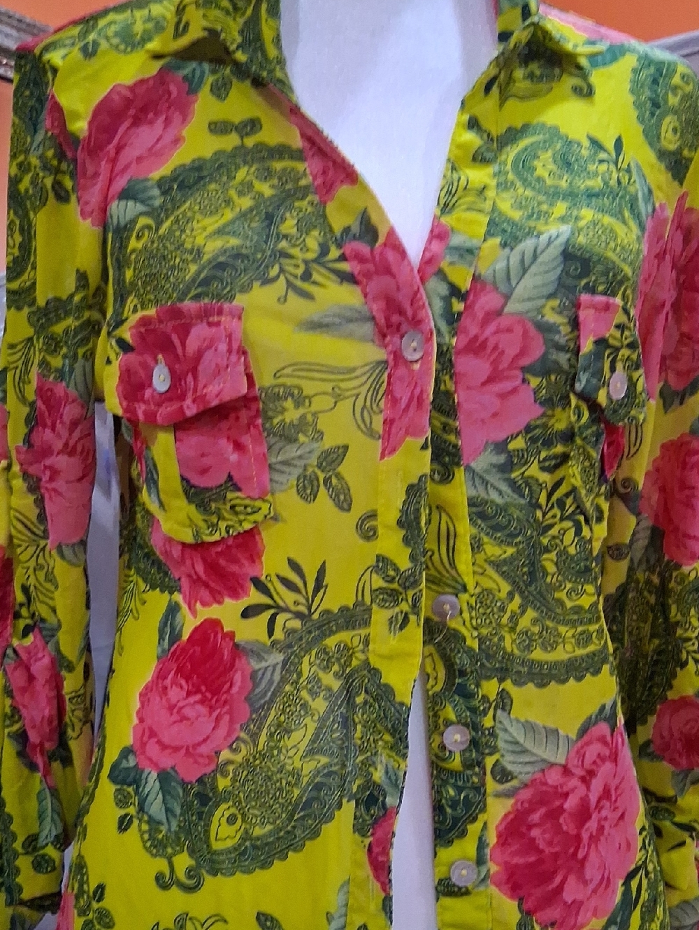 DNA couture Yellow Floral Button-Up Blouse with Pink Roses